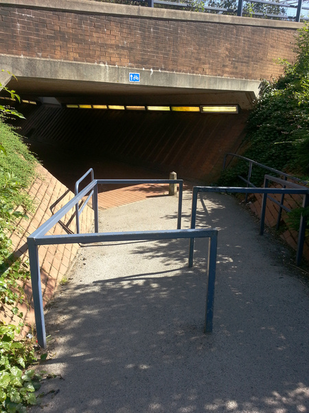 The photo for Barriers on cycle route under dual carriageway off Weston St.
